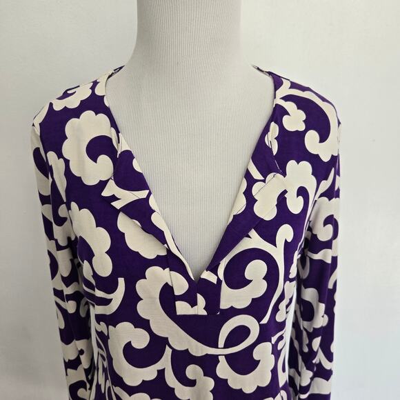 Diane von Furstenberg Reina Long Sleeve Dress Silk Purple Scroll Print Women 8 - Picture 4 of 12